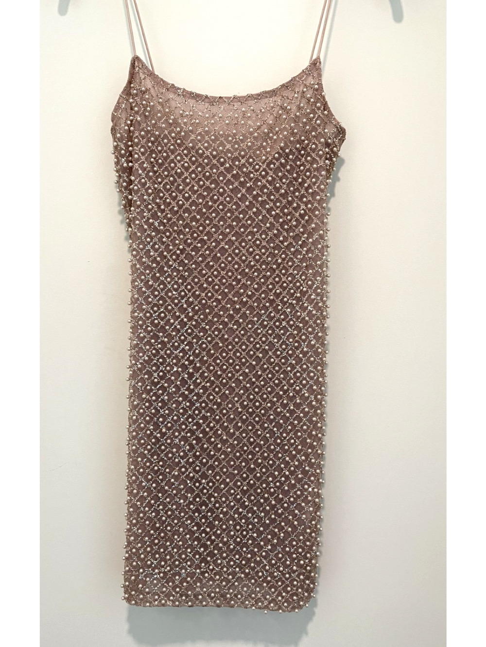 Pearl Beaded Bodycon Dress Womens M Blush Pink Mesh Mini Spaghetti Strap Party